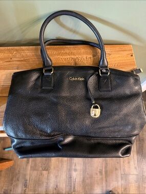 Calvin Klein Pebbled Leather Tote Black with Gold Logo